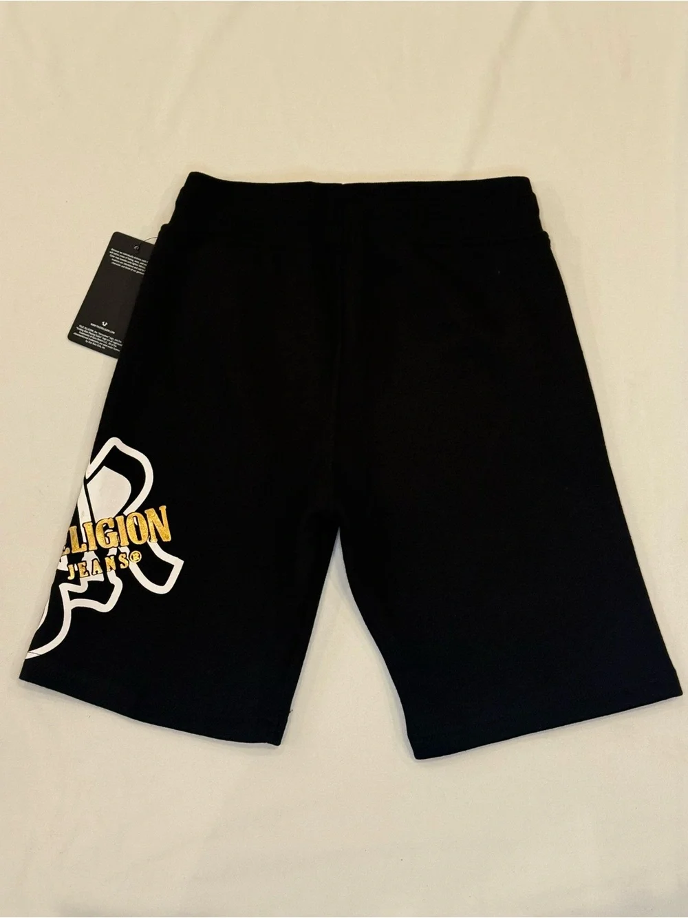 True Religion World Tour Sweat Shorts Kids M 10/12 Black Gold Foil NWT